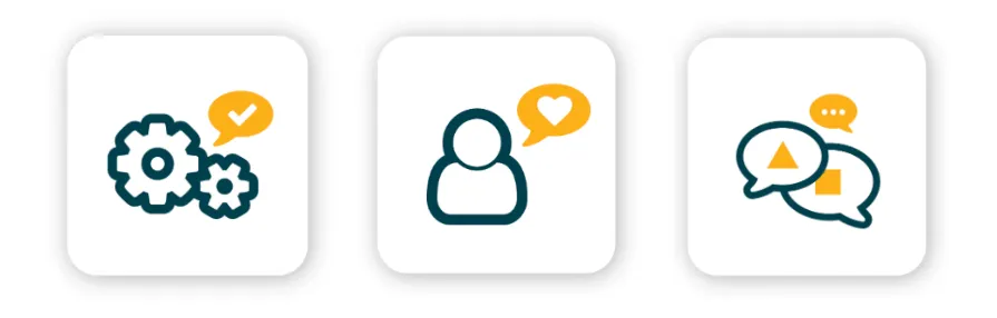 Trois icônes représentant les piliers du mini audit UX : fonctionnement technique, expérience utilisateur et communication