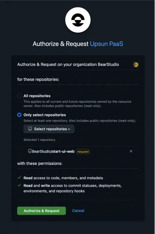Permissions modal following the installation of Upsun PaaS.