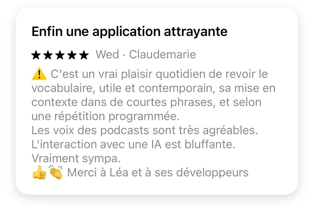 Avis App Store 5 étoiles de Claudemarie : vocabulaire en contexte, podcasts et IA appréciés