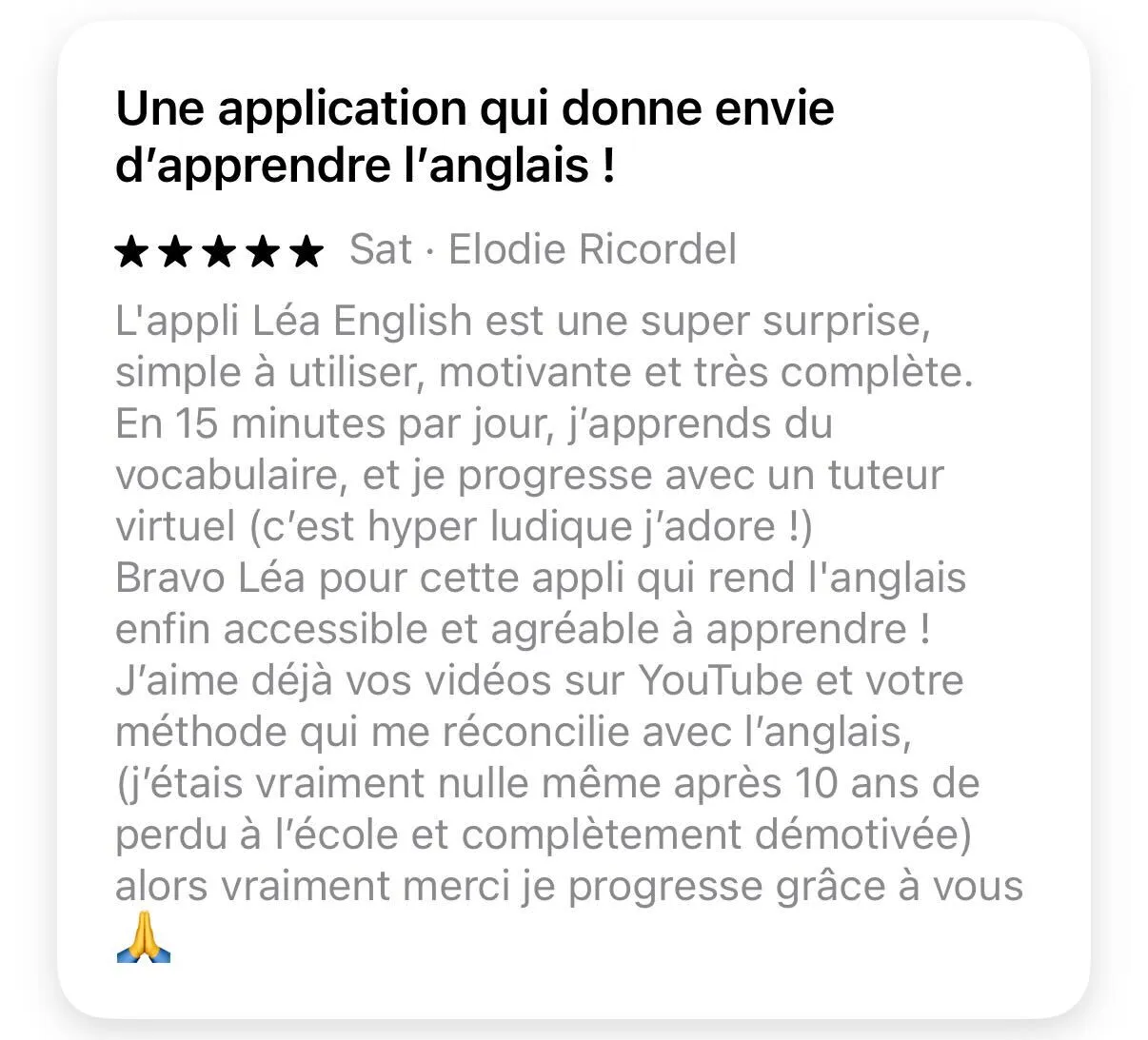 Avis App Store 5 étoiles d'Elodie Ricordel : app simple, motivante, progrès en 15 min/jour