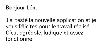 Message utilisateur félicitant l'équipe Léa English pour un résultat agréable et fonctionnel