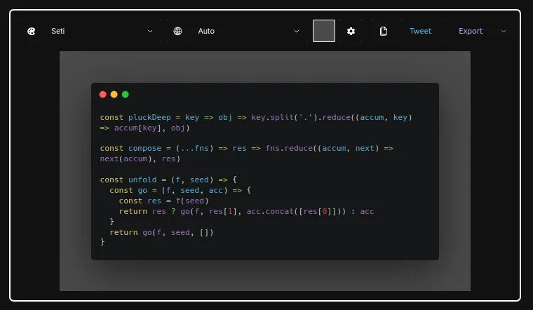 Interface de l'outil Carbon affichant un snippet JavaScript avec les options d'export : iFrame, URL et clipboard