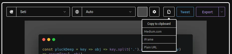Capture de l'outil Carbon avec un snippet JavaScript affiché dans un terminal personnalisé sur fond sombre