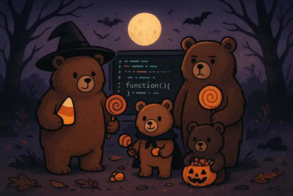 Illustration de clôture : quatre ours BearStudio déguisés en sorcière et vampires devant un écran de code Halloween