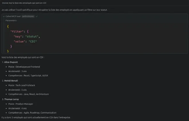 Utilisation des outils du serveur par claude-3.5-sonnet pour répondre à la demande effectuée