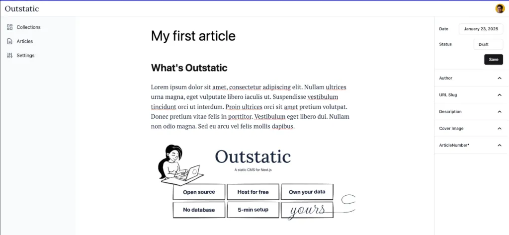 Exemple d'article utilisant Outstatic vu du côté administrateur