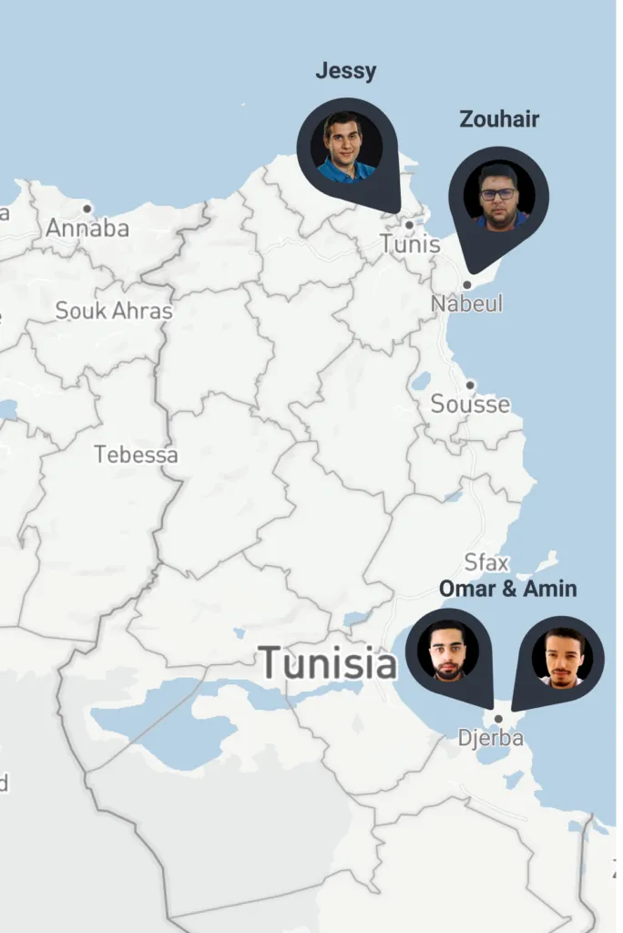 Carte de Tunisie avec les photos et localisations des développeurs : Jessy à Tunis, Zouhair à Nabeul, Omar et Amine à Djerba