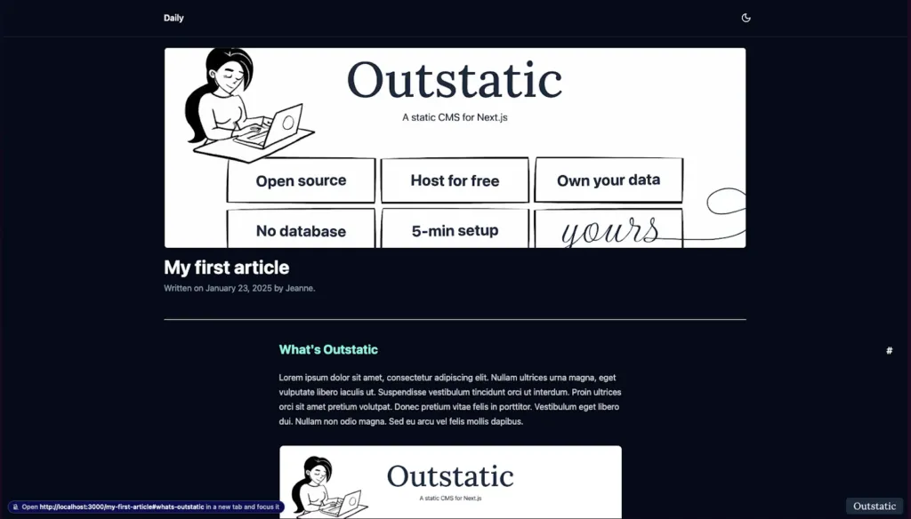 Exemple d'article utilisant Outstatic (avec un peu de style ajouté) vu du côté utilisateur
