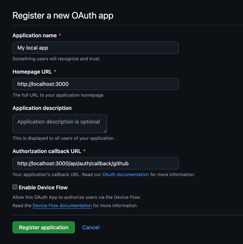 Menu de création d'une application OAuth sur GitHub