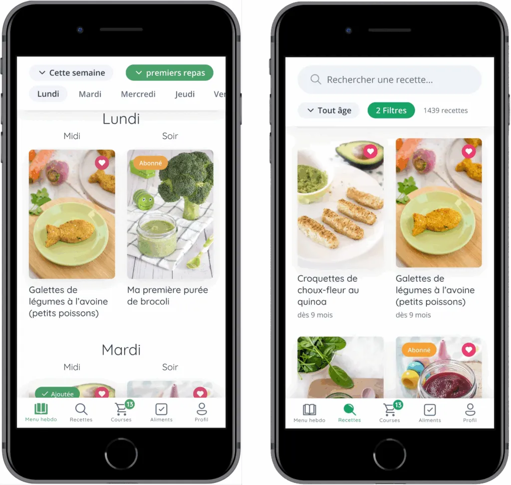 Planification des repas de la semaine, et catalogie des recettes avec deux filtres actifs