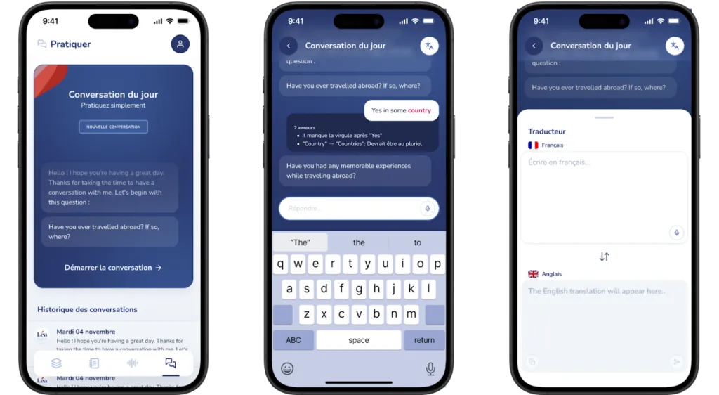 Fonctionnalité Pratiquer : conversation du jour, corrections grammaticales et traducteur intégré