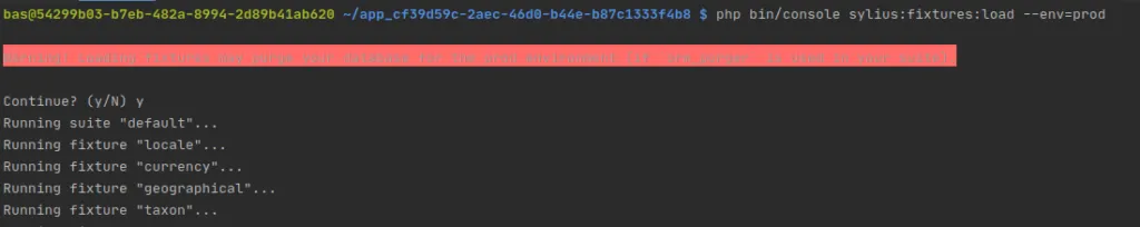 Retour de la commande php bin/console sylius:fixtures:load --env=prod dans un terminal