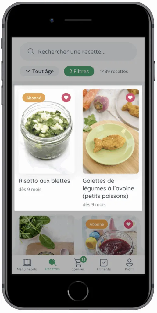 Concentration sur les deux premières recettes proposée par le catague, pour constater la validité de la carte de recette
