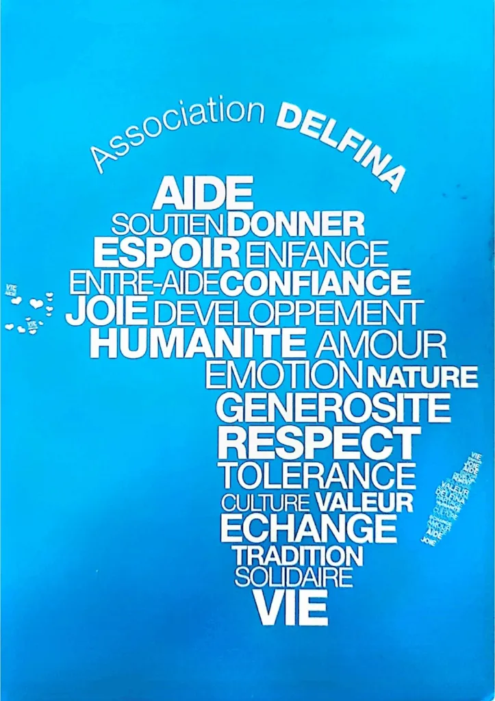 Affiche de l'Association Delfina composée de mots clés en forme de continent africain : aide, espoir, humanité et d'autres