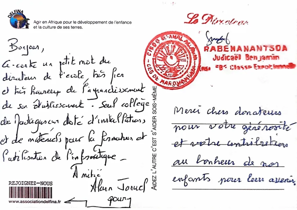 Carte de remerciement du directeur du collège Marovantaza à Madagascar, adressée aux donateurs de l'Association Delfina