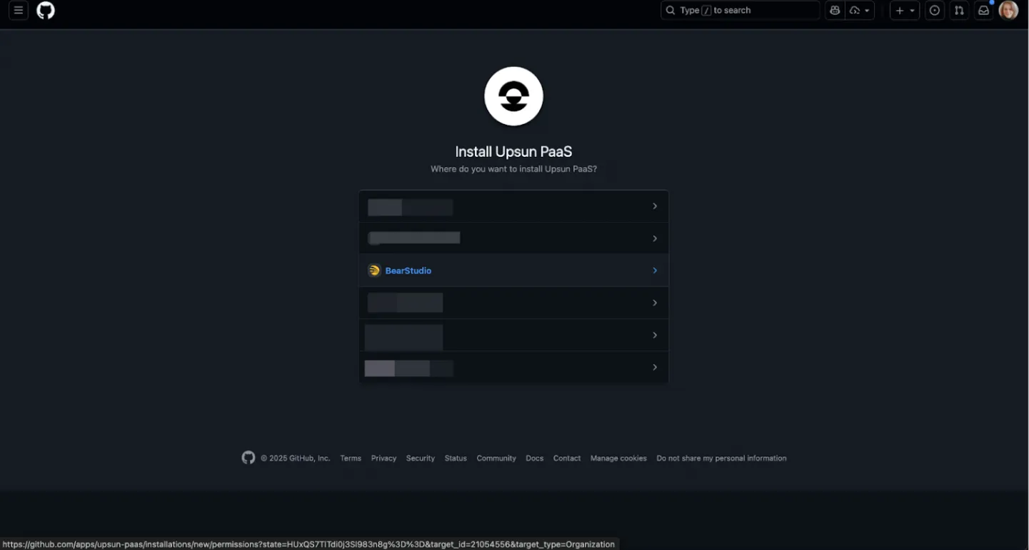 Installing Upsun PaaS, selecting the workspace.