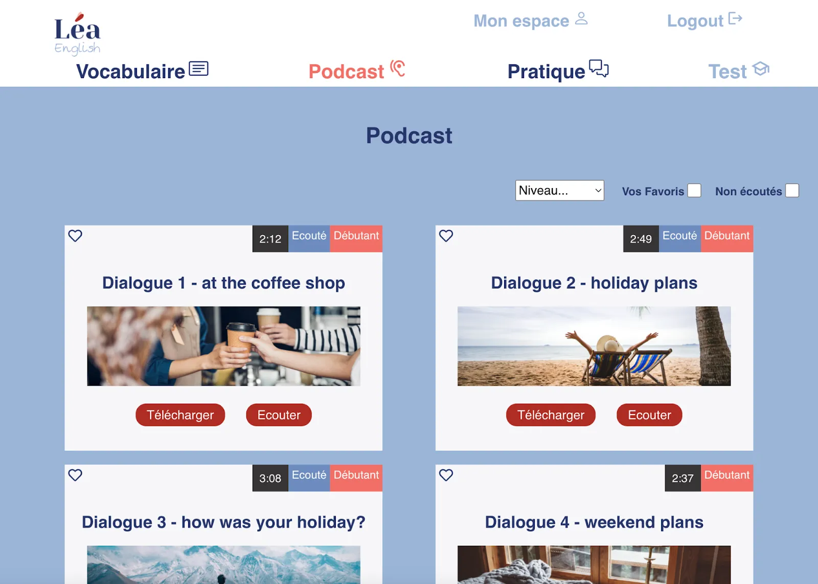 Première version web de Léa English : page Podcast avec liste de dialogues et filtres de niveau.