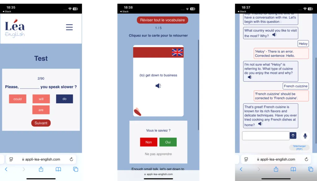 Trois écrans de l'ancienne version mobile : test de grammaire, Flash Cards et conversation IA.