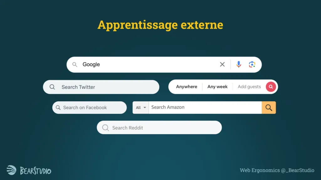 Différents exemples de bars de recherche stylisées (google, amazon, X etc)