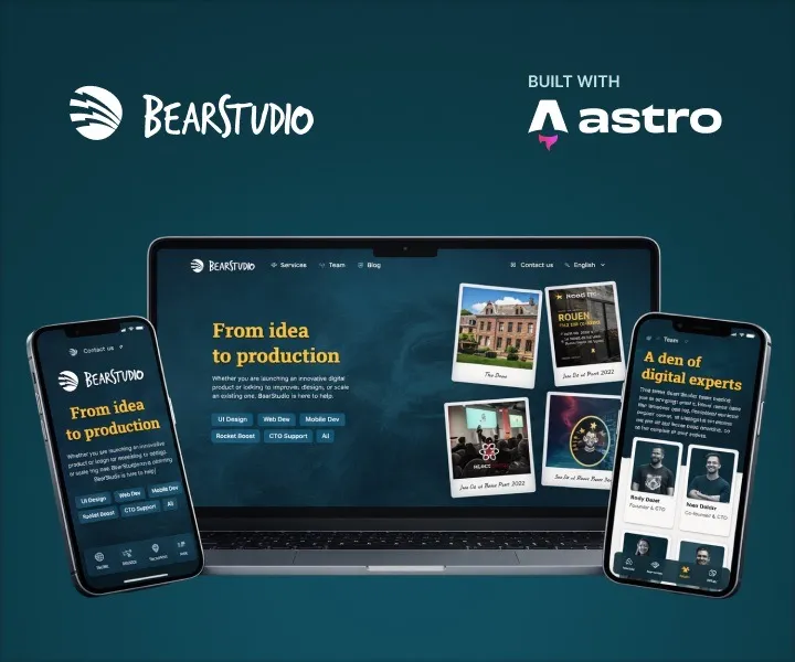 BearStudio website displayed on multiple devices to show the different pages of the website