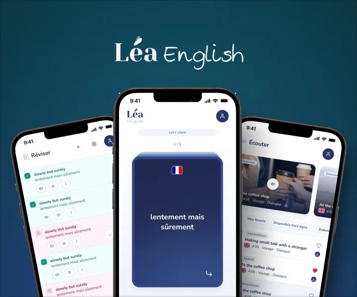 Mockups of the Léa English mobile app showing lesson screens on smartphones