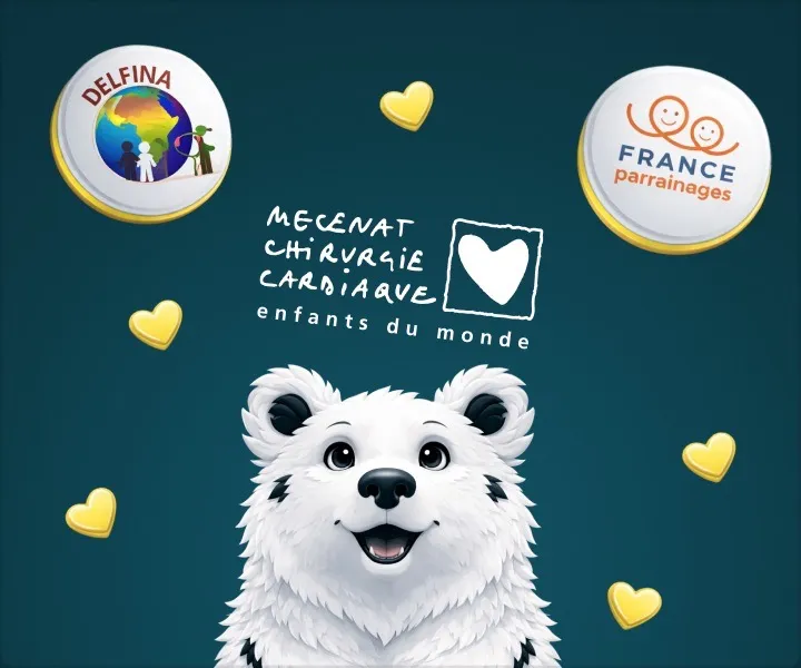 Illustration d'un ours blanc entouré de cœurs et de logos d'associations comme Mécénat Chirurgie Cardiaque et France Cancer