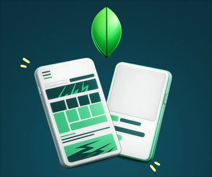 Deux écrans mobiles avec des composants UI verts et une feuille, représentant la librairie Ficus UI