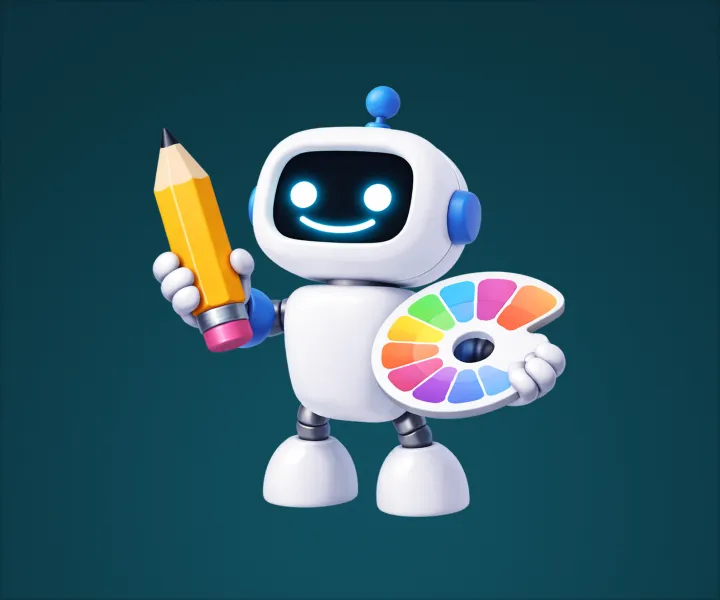 Illustration d'un robot qui tient dans ses mains un crayon et une palette de peinture
