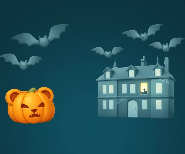 Bear-shaped pumpkin with bats and a haunted mansion on a dark blue background