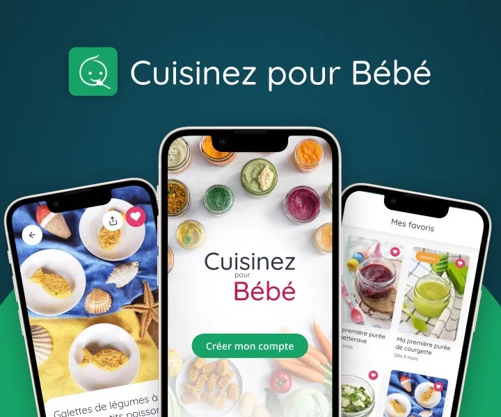 Preview of the Cuisinez pour Bébé mobile app with recipe screens on a green background