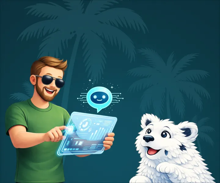 Illustration d'un homme travaillant sur un écran généré par IA et d'un ours polaire.
