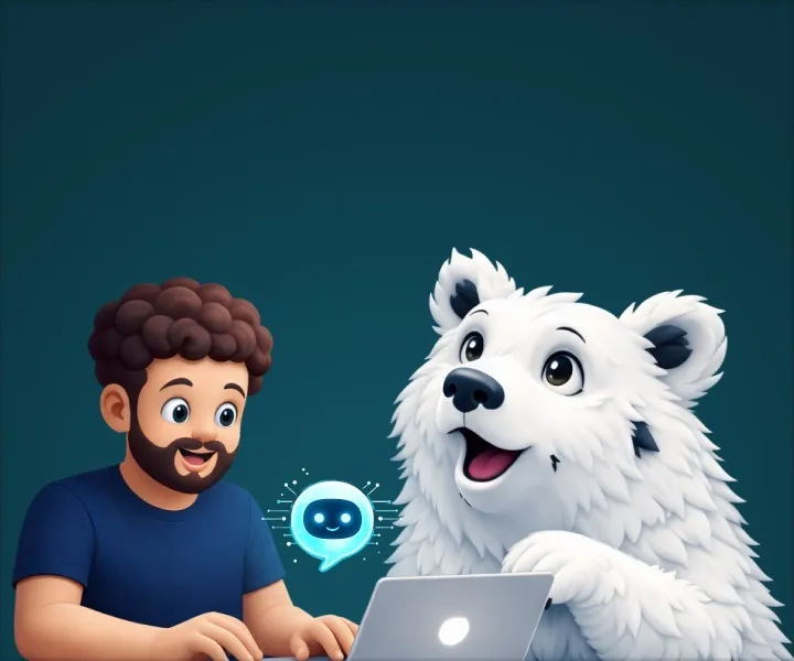 Illustration d'un développeur et d'un ours polaire travaillant ensemble sur un laptop avec un chatbot IA
