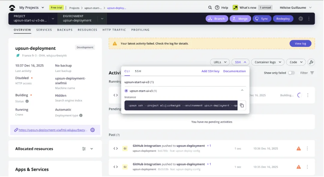 Adding an SSH connection to the Upsun project.