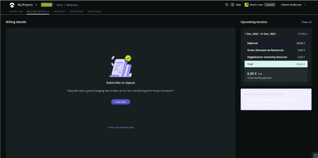 Tableau de bord du projet Upsun version dark mode.