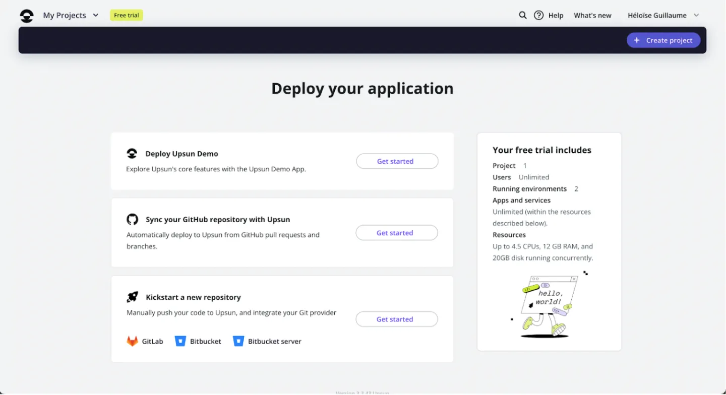 Upsun dashboard. The interface invites us to create a project to deploy our application.