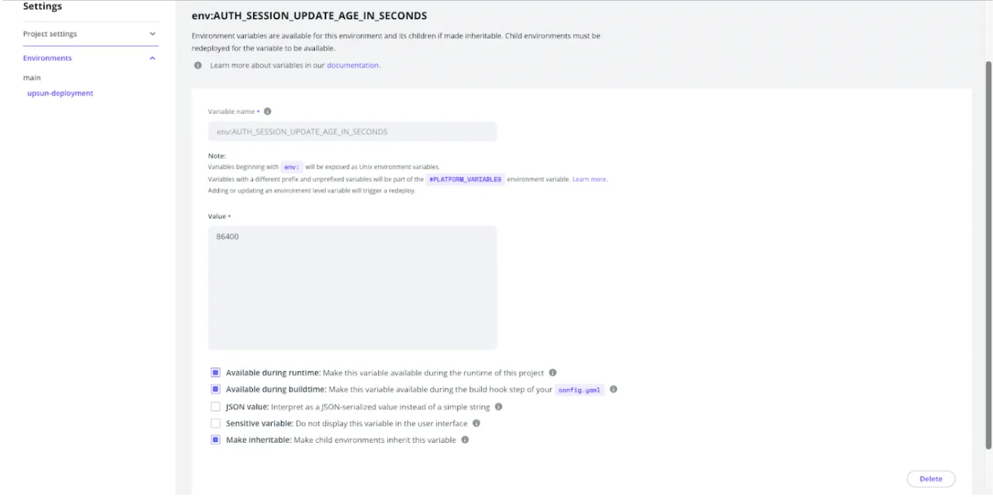 Page for creating a new environment variable on the Upsun project.