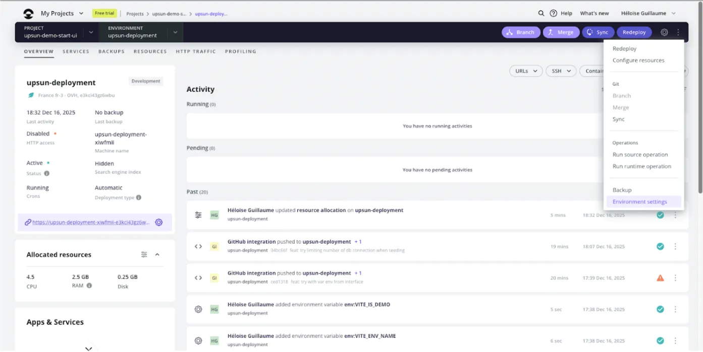 Dashboard - Overview of the Upsun project.