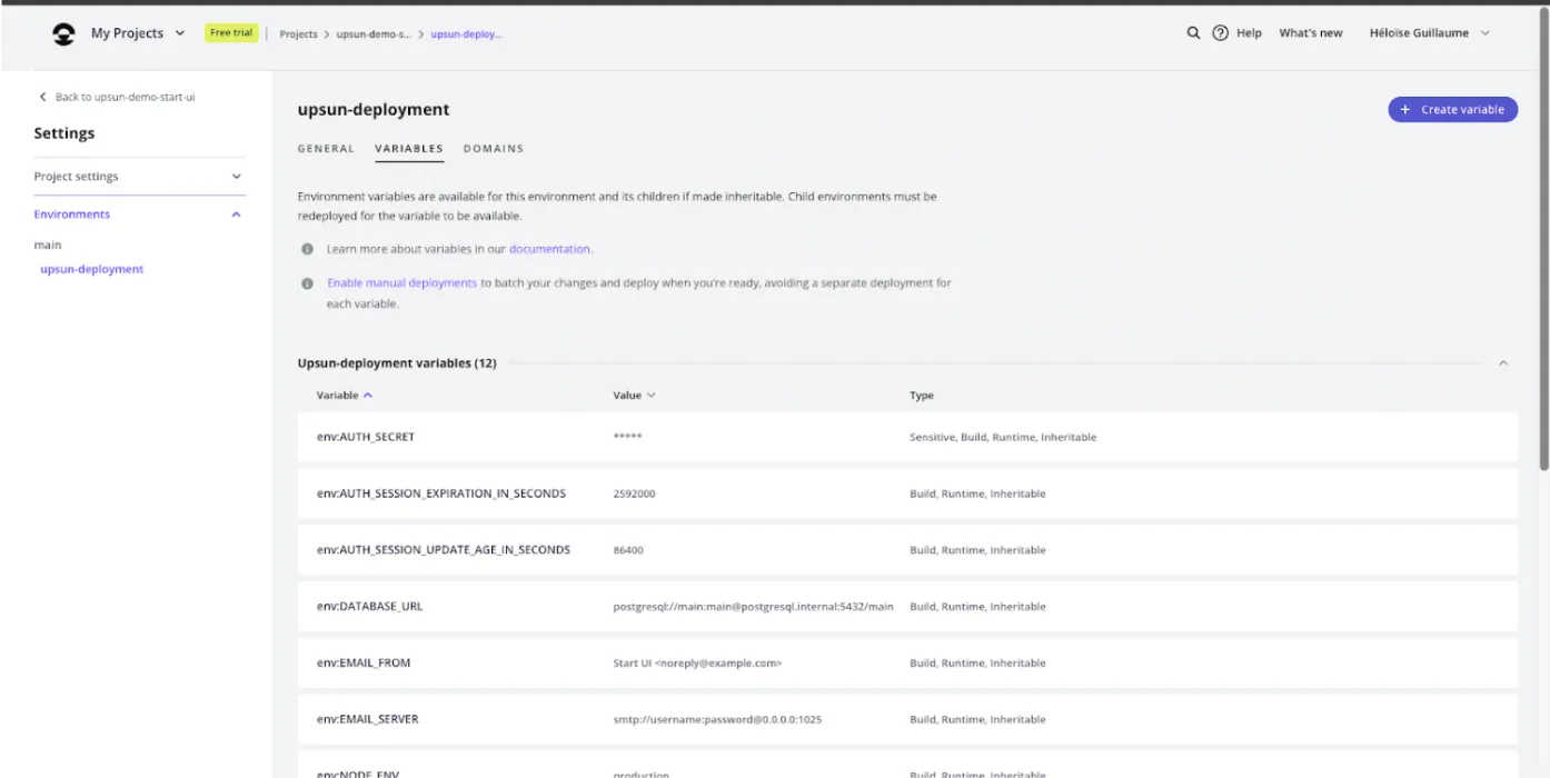 Dashboard - Management of Upsun project environment variables.