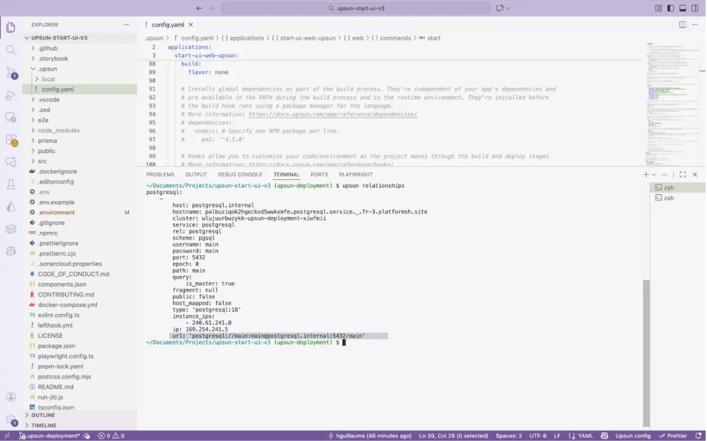 Command “upsun relationships” to retrieve information from the database.