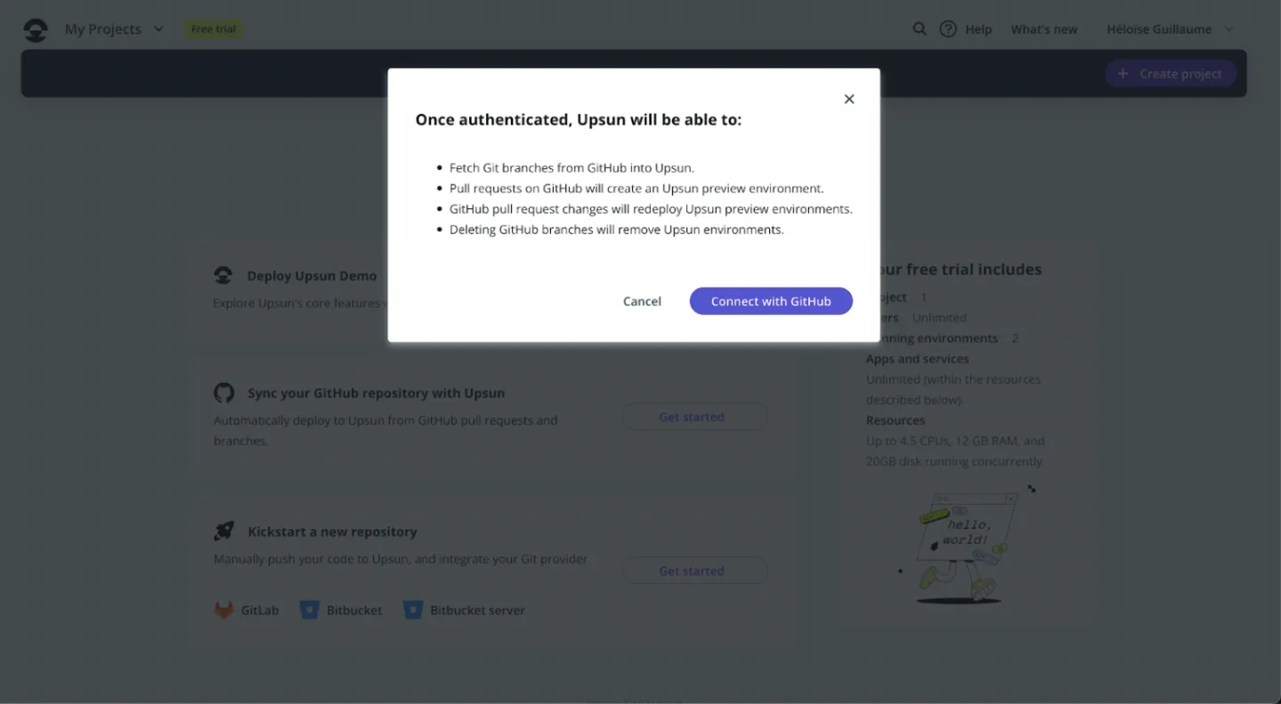 Upsun authentication modal. Shows the permissions that will be granted to Upsun after connecting with GitHub.