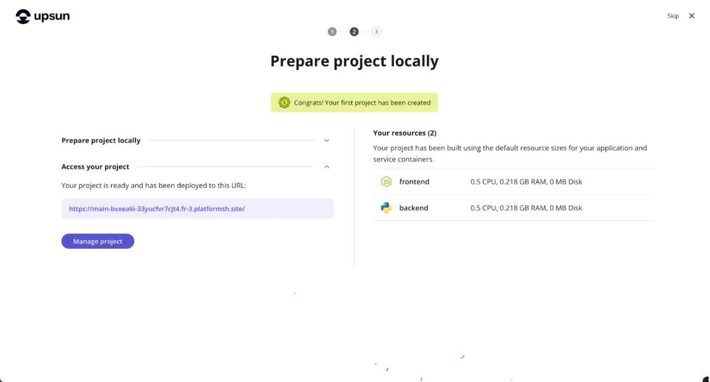 Summary of the new Upsun project created.