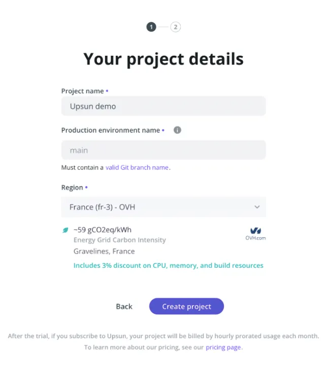 Upsun project creation modal.