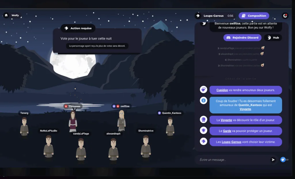 Capture d'écran d'une partie Loup-Garou sur Wolfy avec les avatars de l'équipe BearStudio et le chat de jeu