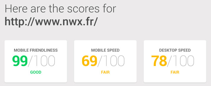 Résultat de tests sur thinkwithgoogle.com avec la page d'accueil nwx.fr