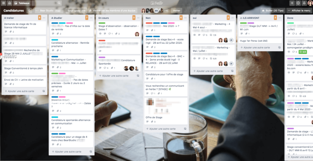 board trello du processus de candidature au BearStudio