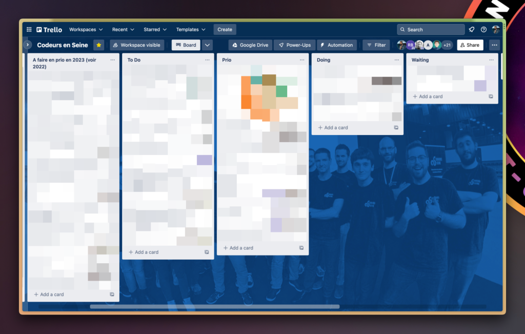 Capture d'écran du tableau d'organisation Kanban de Codeurs en Seine